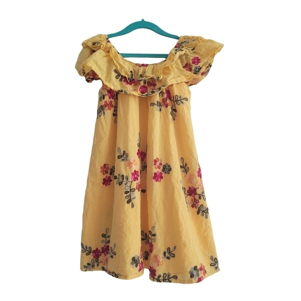 Girls Yellow Embroidered Floral Off Shoulder Ruffle Mini Dress